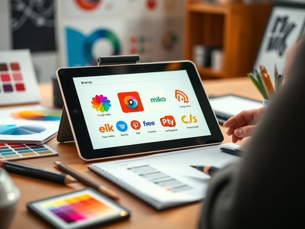 A close-up shot of a designer's workspace featuring a vibrant brand identity design on a digital tablet. The background is softly blurred to emphasize the tablet screen showing colorful logos and branding elements. The workspace includes design tools, color swatches, and a sketch pad, all presented in an aesthetically pleasing arrangement. The lighting is warm and inviting, highlighting the creativity and professionalism of the branding process.