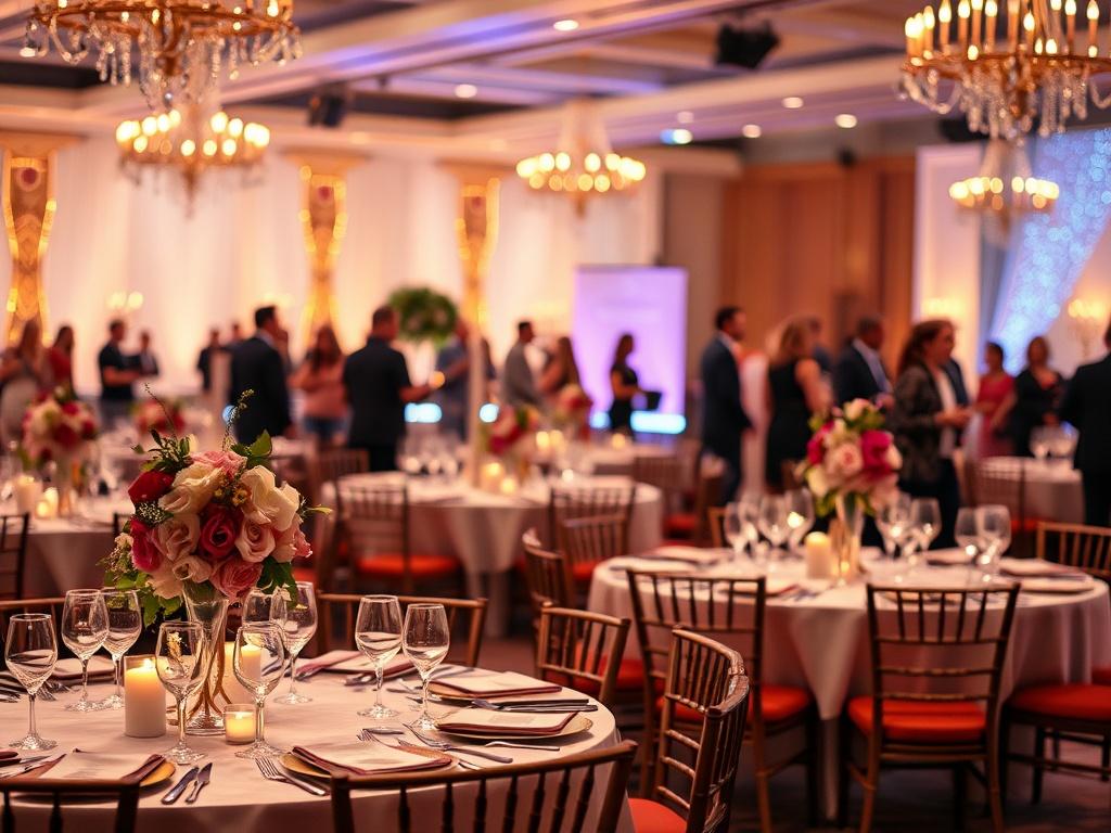 A vibrant close-up of an elegantly decorated event space, featuring beautifully arranged tables with floral centerpieces. The background shows soft lighting and decorative elements that create a warm ambiance. Guests can be seen mingling in a blurred perspective, enhancing the lively atmosphere. The image captures the essence of an expertly managed event, showcasing attention to detail and creativity.