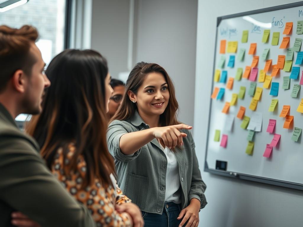 A close-up shot of a creative team brainstorming in a modern office setting. The image should focus on diverse professionals engaged in discussion, with a whiteboard filled with colorful sticky notes and ideas in the background. The lighting should be bright and inviting, capturing the essence of creativity and collaboration. The atmosphere should reflect innovation and teamwork, with the main subject being a woman pointing at a note while others listen attentively. The image should convey a sense of engage